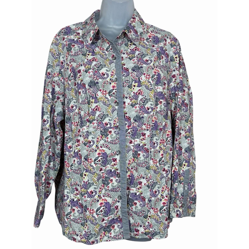 CJ Banks 2X Embellished Blouse‎ Rhinestone Buttons Cuffs Floral Paisley Top
